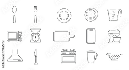 Kitchen utensils and appliances in linear style