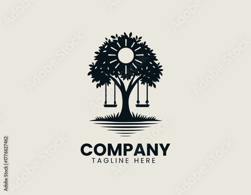 Girl on a swing black vector logo illustration