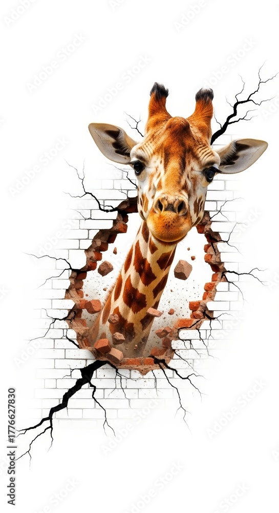 Fototapeta premium A giraffe busting or breaking through a wall on a solid white background, animal photo