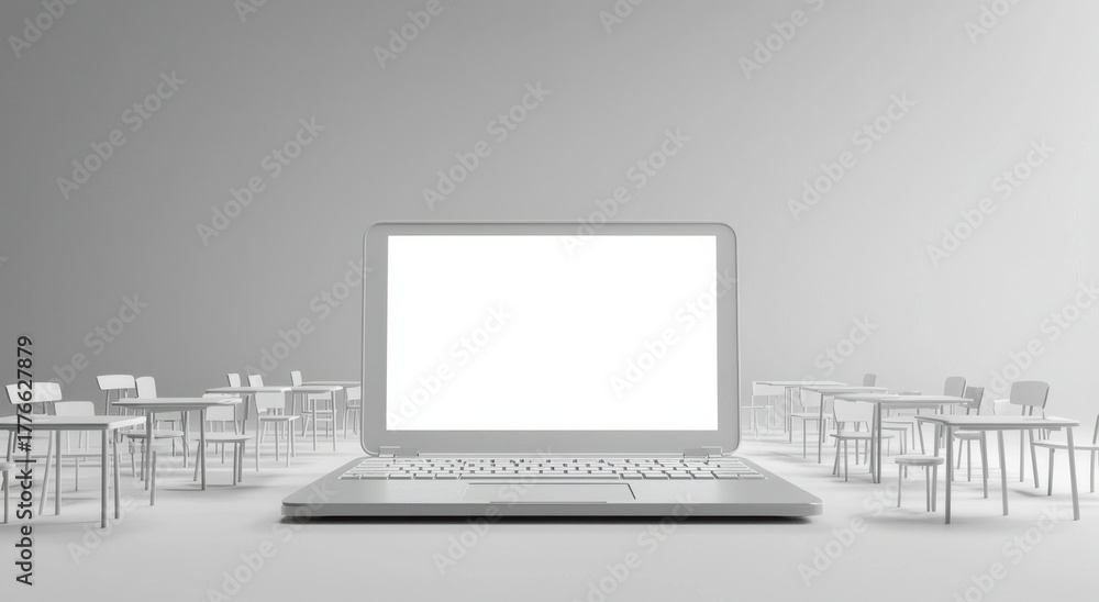 Fototapeta premium Open laptop demonstrating educational tools in a miniature classroom environment