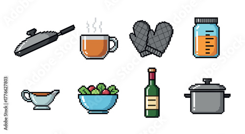 Retro 8bit kitchen icons collection for culinary enthusiasts