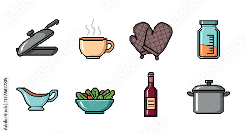 Pixel art kitchen essentials cooking tools and ingredients in iconic style