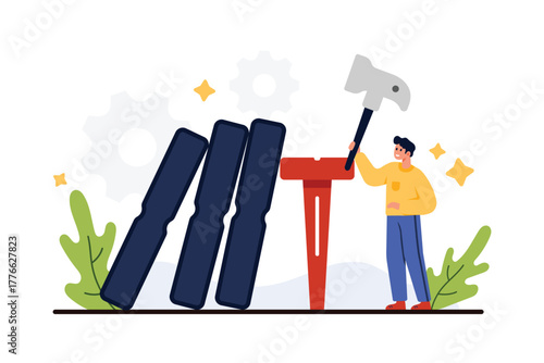 Proactive crisis management, solving problem of company vulnerability. Tiny man driving giant nail to avoid falling domino blocks, intervention to restore stability cartoon vector illustration