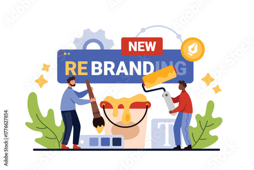 Company rebranding, change brand recognition and identity development. Tiny people paint with brush and roller new advertising design, restyling commercial product cartoon vector illustration