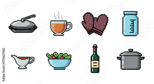 Retro pixel art kitchen icons cooking, beverage, and utensils collection