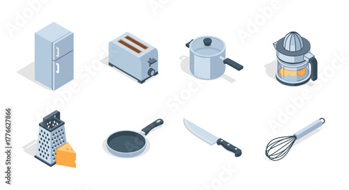 Isometric kitchen appliance and utensil icons set for modern cooking design