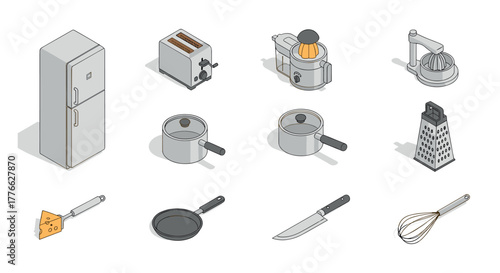 Modern isometric kitchen appliances and utensils collection