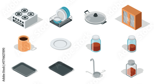 Isometric kitchen items dishes, utensils, and appliances for modern culinary design