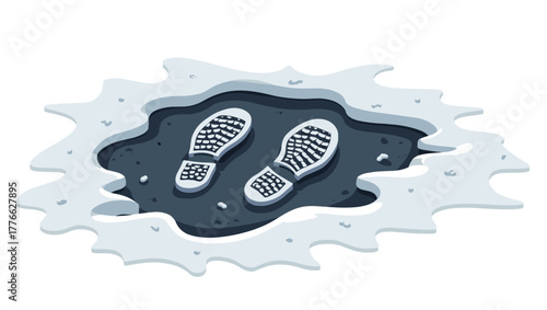 Boot prints in icy mud showing detailed sole pattern in frozen puddle concept of cold weather landscape