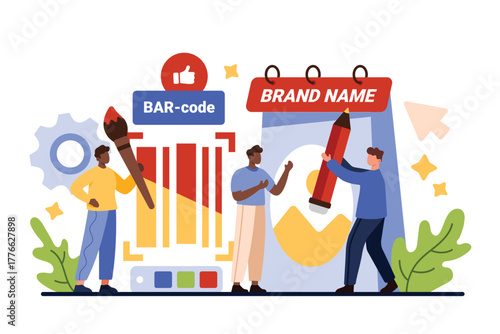 Rebranding, company identity development and creation. Tiny people with pencil and paint brush change creative advertising design and brand name to rebrand business cartoon vector illustration