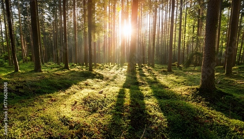 Soft Sunlight Casting Shadows On Forest Floor Woodsy Sunlight