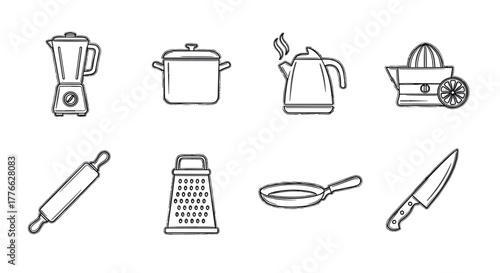 Minimalist kitchen utensils blender, kettle, juicer, and more in linear style