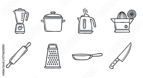 Handdrawn kitchen utensils set blender, pot, kettle, juicer, and more