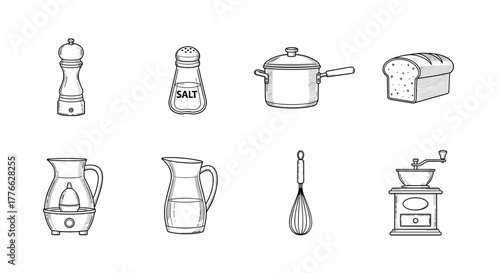 Hand drawn kitchen utensils set cooking essentials in elegant line art