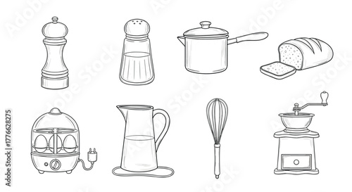 Hand drawn kitchen utensils collection pepper grinder, salt shaker, saucepan, bread, egg cooker, pitcher, whisk, coffee mill