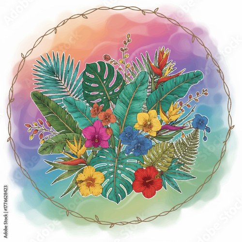 Tropical flower arrangement on colorful watercolor background. Botanical illustration, tropical flora design element, sticker style.