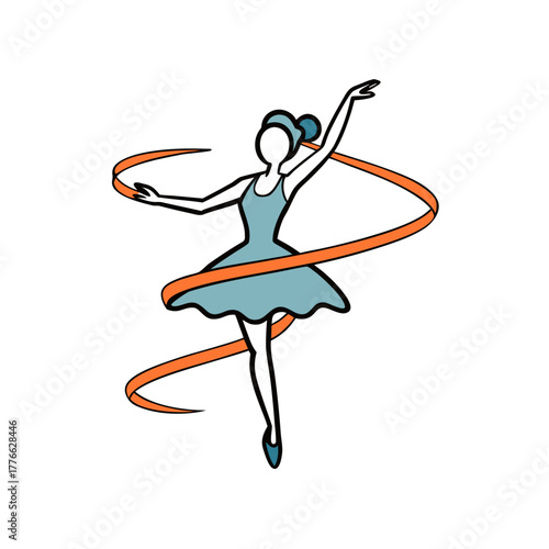 Elegant ballerina in a blue tutu dancing with an orange ribbon