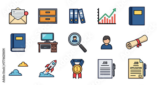 Colorful icon set of office and business essentials with modern pixel art style