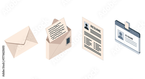 Isometric office icons featuring envelope, document, resume, and id badge