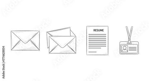 Sketch style envelope, resume, and id badge icons for business and office use