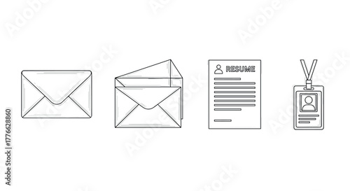 Essential office icons in linear style envelope, resume, and id card