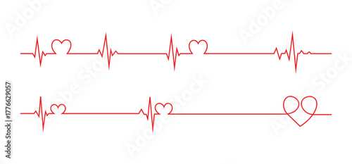 Two red heart beat pulse lines for medical or love concept design element