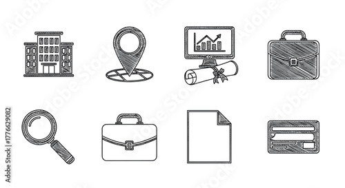 Linear business icons office, location, analytics, briefcase, magnifying glass, document, credit card