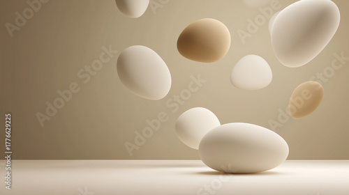 3D rounded shapes floating on neutral beige smooth matte finish, studio softbox lighting, copy space for text overlay.