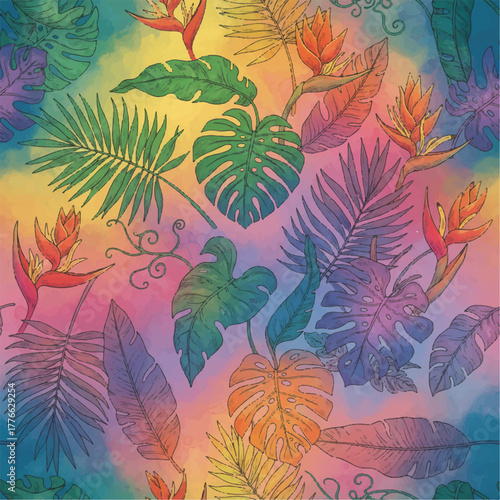 Tropical flower arrangement on colorful watercolor background. Botanical illustration, tropical flora design element, sticker style.