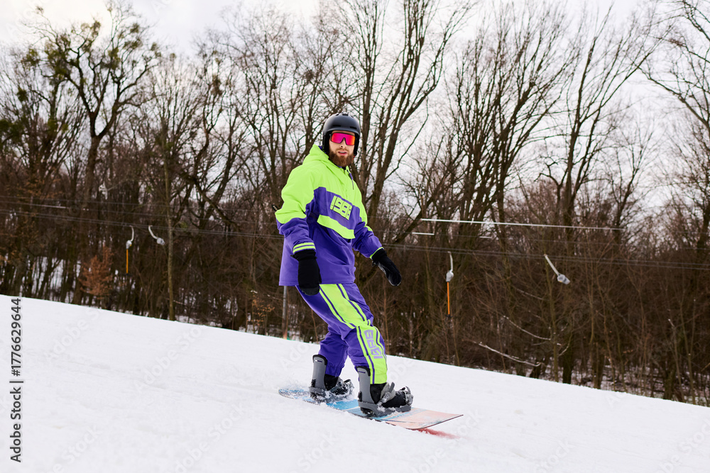 Naklejka premium Bearded man joyfully snowboarding down a snowy slope in vibrant winter gear