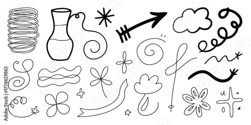 Assorted Hand Drawn Doodle Elements Including Flowers, Clouds, and Arrow on White Background Keywords: doodle, hand drawn, illustration