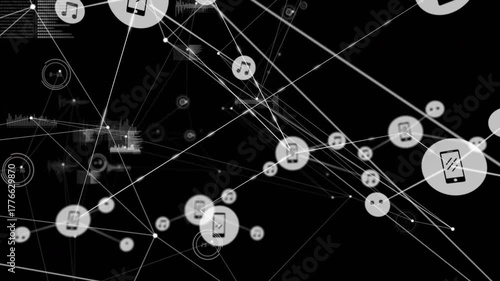 White lines, number circle emerging, phone and music icons grouping, linking into expanding network