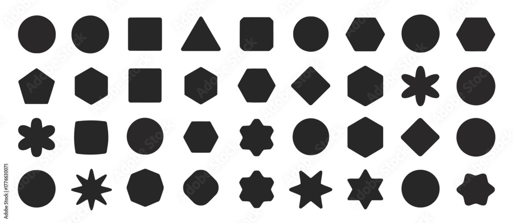 Fototapeta premium Assortment of Black Geometric Shapes and Starbursts on White Background circle oval