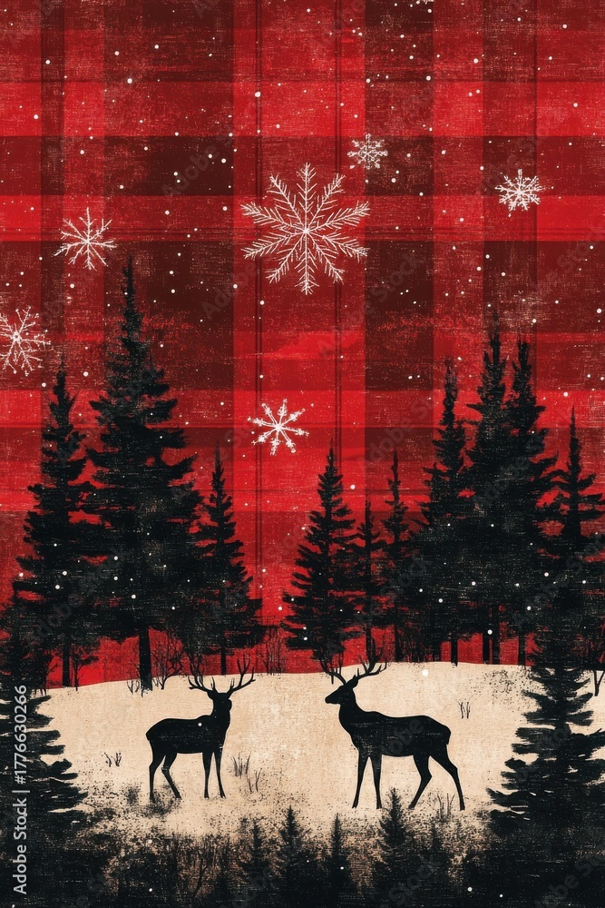 Obraz premium Enchanting Christmas scene with snowflakes, deers, and winter forest on a red plaid backdrop, capturing the festive spirit and winter wonderland magic during the holiday season.