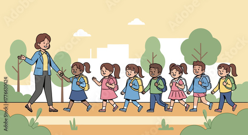 Teacher leading a line of diverse young children with backpacks on a walk outside.