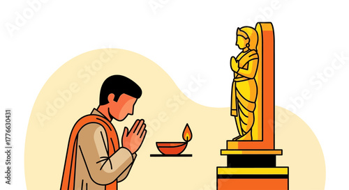 An illustrated man in traditional attire offering prayers to a golden deity statue with a lit diya lamp.