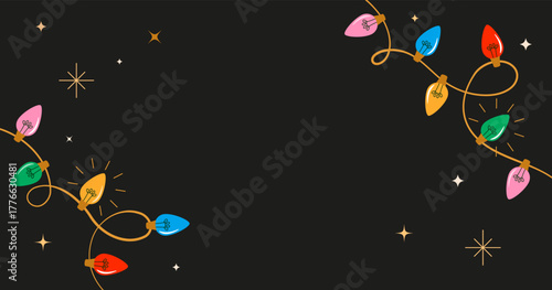 Christmas background with colorful Christmas lights. Happy New Year and Merry Christmas card, banner and poster design.