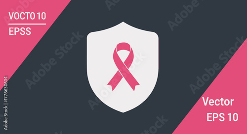 Pink ribbon on shield, breast cancer awareness symbol vector illustration.