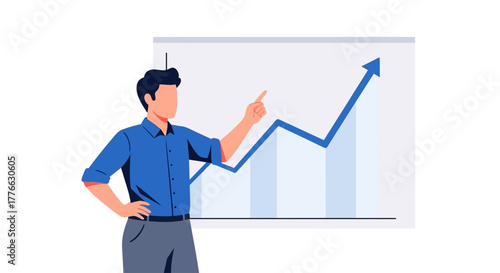 Man presenting a graph with an upward trend, indicating growth.