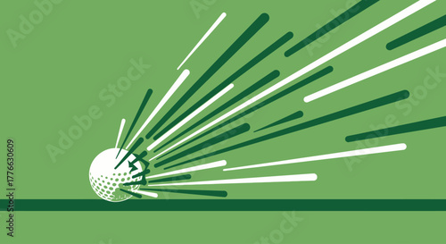Illustration of a golf ball in motion, depicting a powerful drive across a green field.