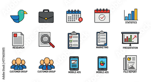 Colorful business and marketing icons set flat style with mobile and analytics elements