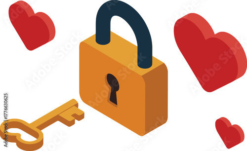 Elegant Isometric Padlock Key Floating Heart Vector Illustration