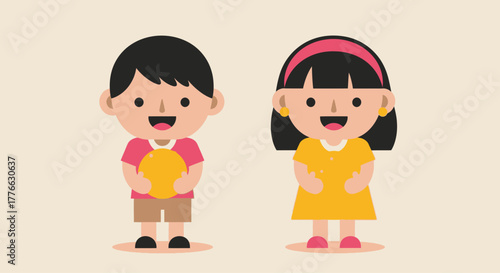 A cheerful cartoon boy holding a ball and a girl in a yellow dress standing side by side.