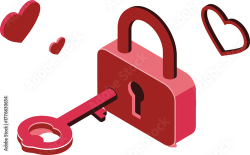 Elegant Isometric Padlock Key Hearts Transparent Vector Illustration