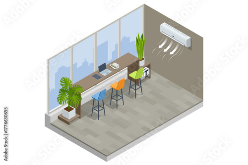 Isometric office interior with air conditioner and modern furniture. Climate control concept for workspace comfort and air purification.