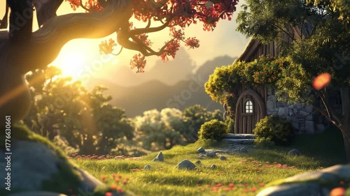 Enchanted fairy tale cottage in magical forest