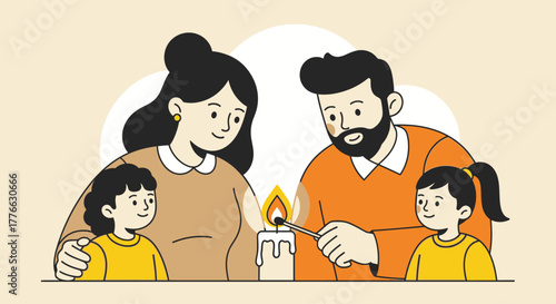 A family of four, parents and two children, gather around a lit candle, symbolizing warmth and togetherness.
