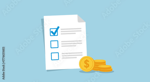 A document with a checklist and a stack of gold dollar coins, symbolizing financial planning or successful completion.