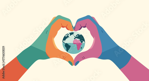 Two hands forming a heart shape around a globe, symbolizing love and care for the planet.