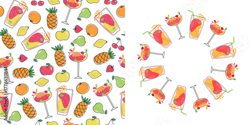 Frame, banner with text space. Seamless pattern. Bright set. Multicolored drinks in wine glasses. Mixed cold drinks. Tropical fruits for juice, alcohol, lemonade. Repeating background.